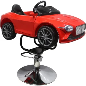 Sillón de peluquería infantil modelo Freddie en forma de coche rojo con base cromada".